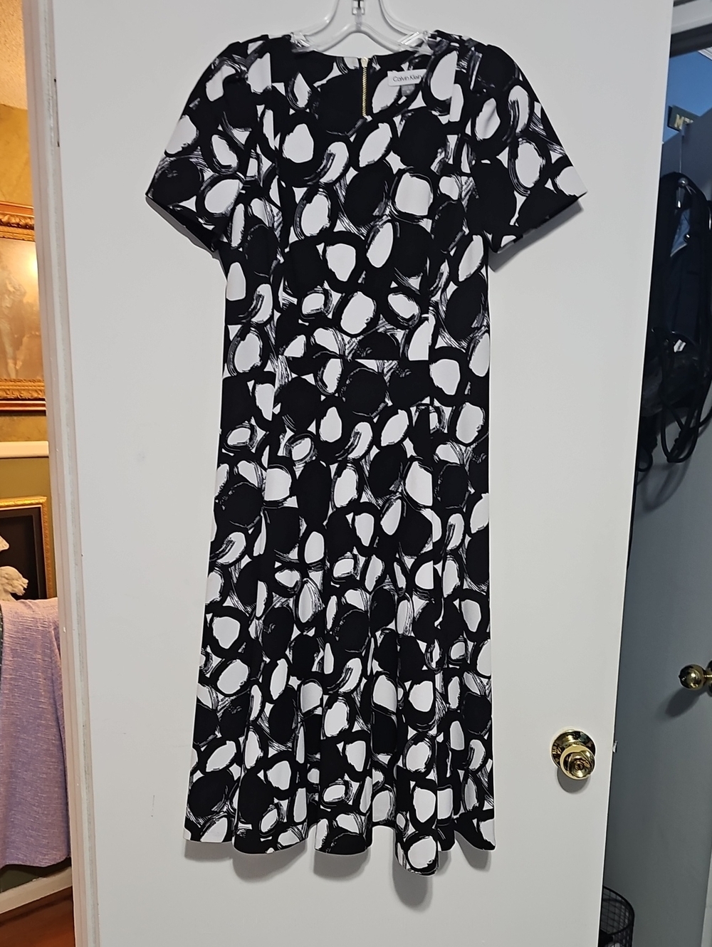 Calvin Klein Black and White Abstract Print Midi Dress Fit & Flare Womens 10